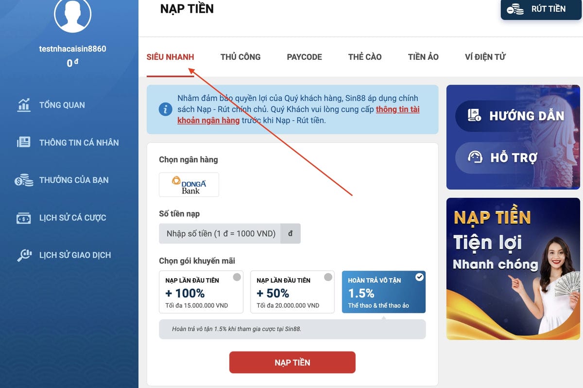 Nạp tiền siêu nhanh tại nhà cái Sin88