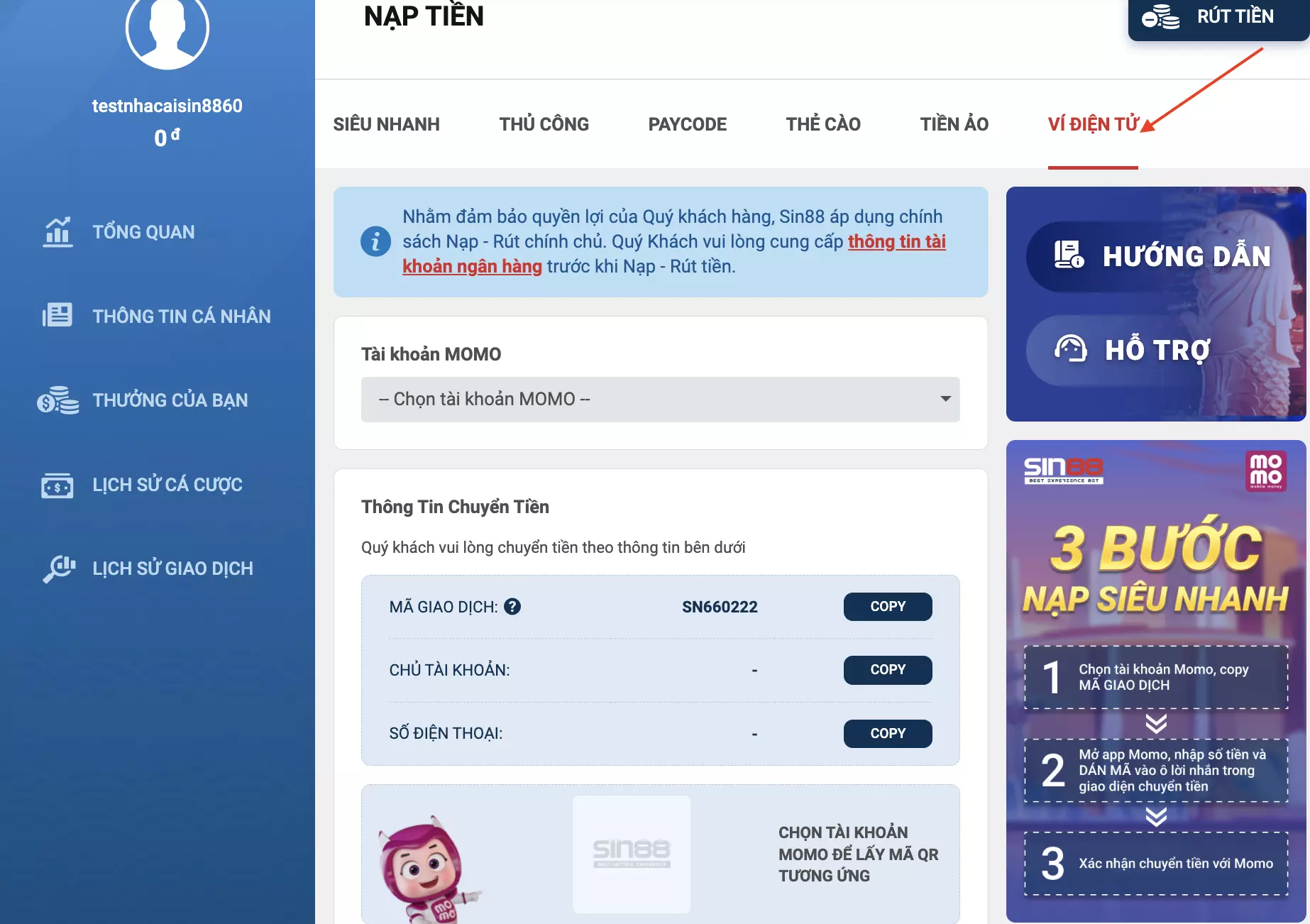 Nạp tiền qua ví điện tử Momo tại Sin88
